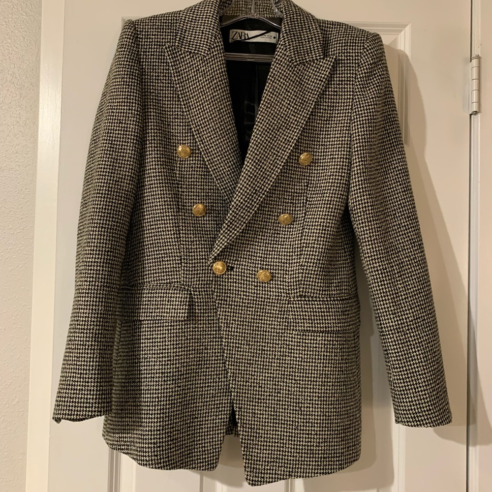 Zara Double Breasted Houndstooth Blazer with Gold Buttons Size XS